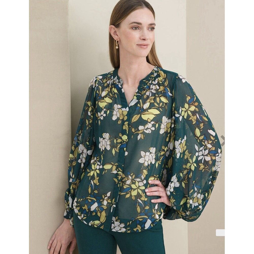 Chicos Size 3 XL 16/18 Floral Camo Popover Long Sleeve‎ Blouse Shirt Top Flower